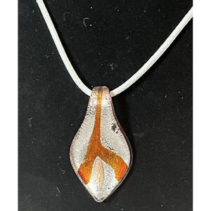 Elegant Handmade Teardrop White & Gold Color Glass Pendant + White Cord Necklace